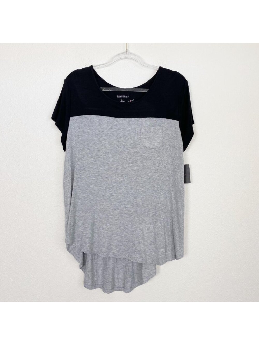 Ellen Tracy Womens Large Gray Black Color Block Hi Lo Pocket Soft Tee